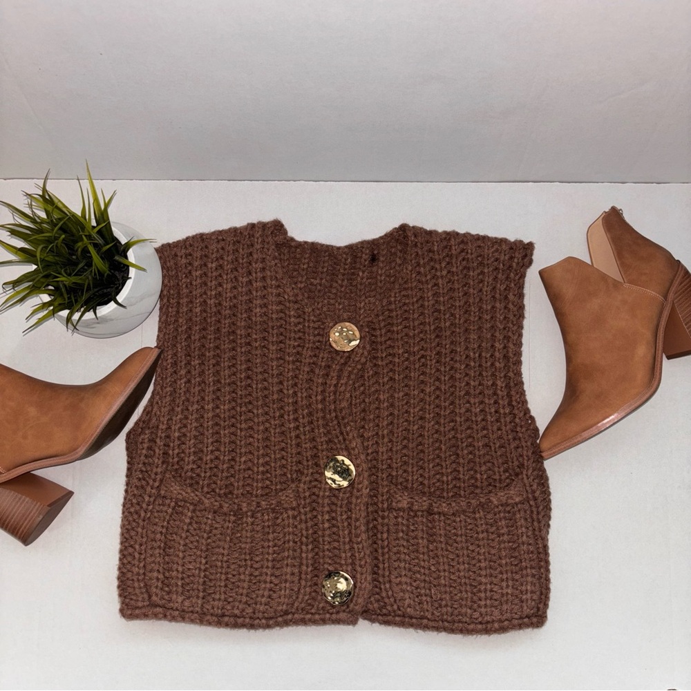 Brown Knit Vest with Gold Buttons
